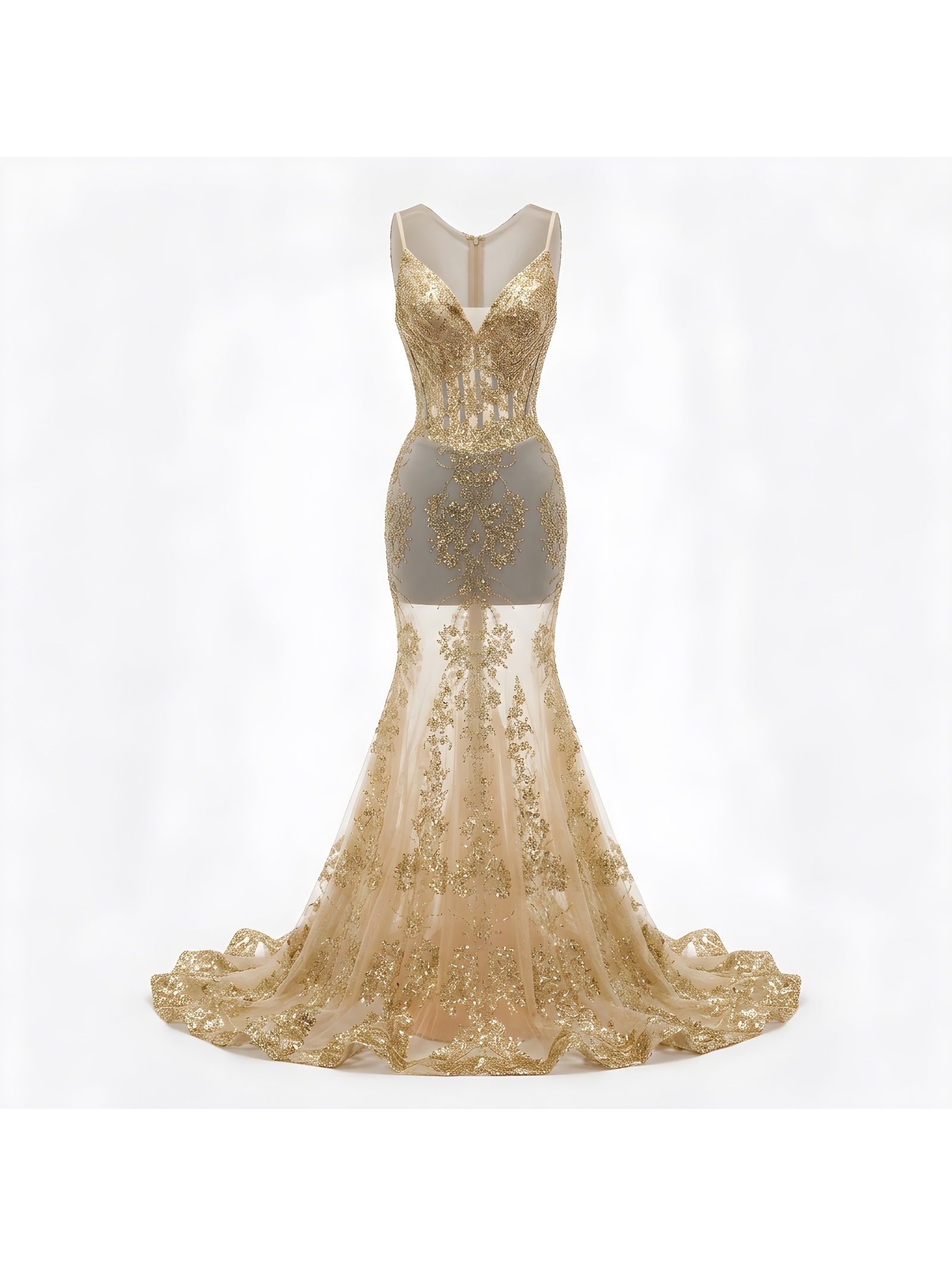 Gold Embroidered Mermaid Evening Dress